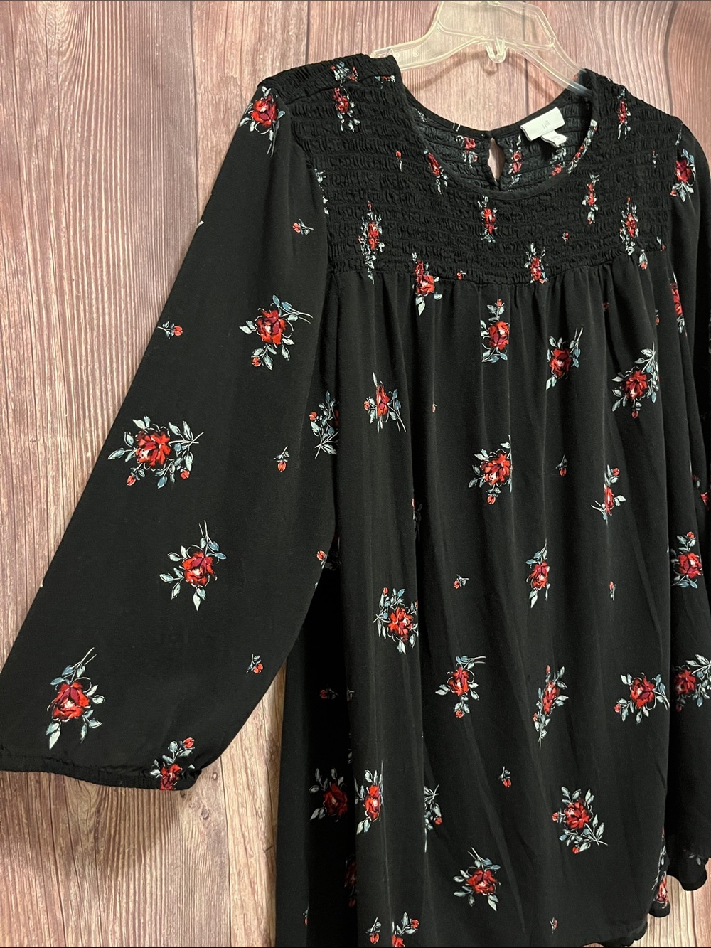 J. Jill Black Three Quarter-Sleeve Floral Smocked Yoke Top - Picture 6 of 7
